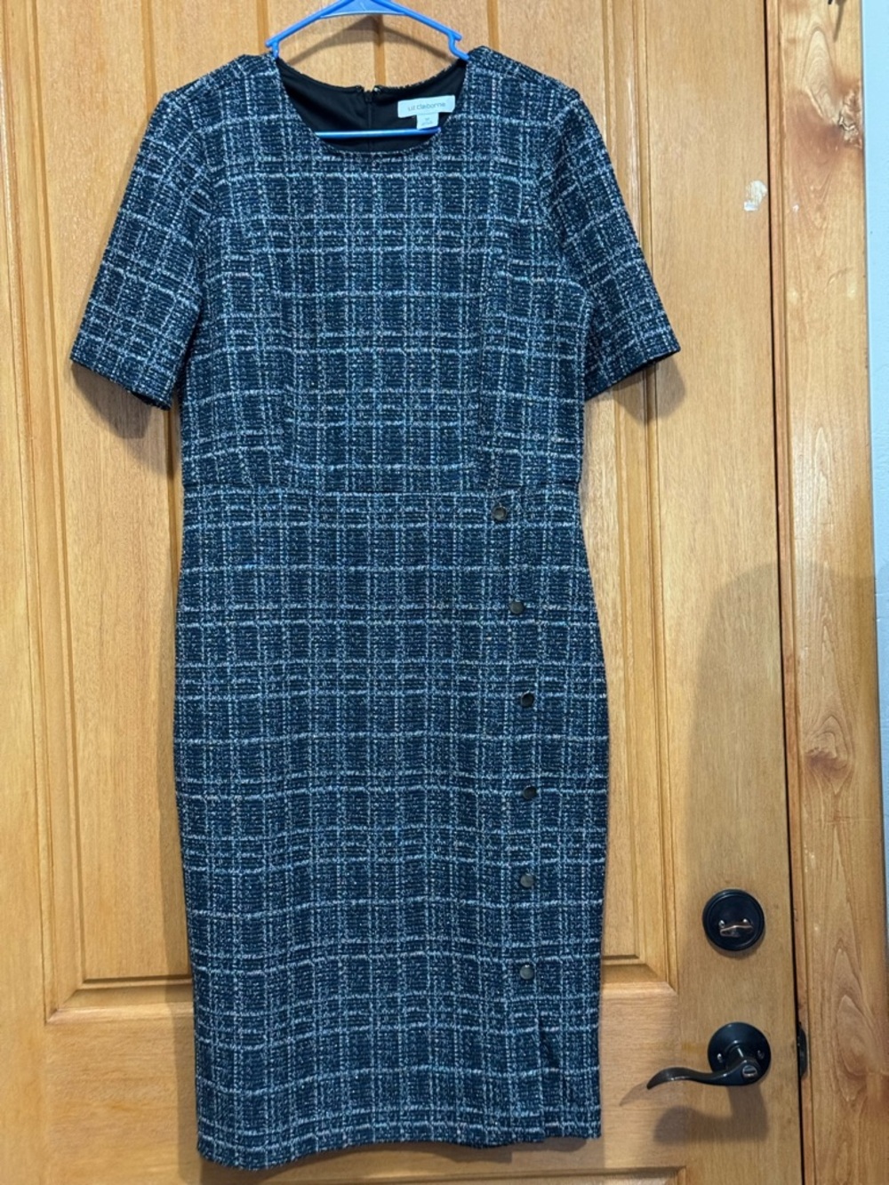 Liz Claiborne Black and White Tweed Long Sleeve Sheath size 12 Pit 23, L 43